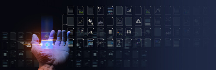 Poster - A futuristic digital concept of a hand reaching toward an AI-powered data interface, symbolizing artificial intelligence, automation, and machine learning in data management and analytics.