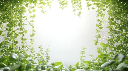 Wall Mural - Lush green vines hang framing a bright background, a natural background for quotes