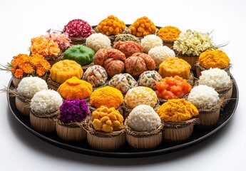 Poster - Vibrant Collection of Traditional Indian Sweets and Desserts Displayed on a Decorative Platter with Colorful Garnishes and Unique Shapes