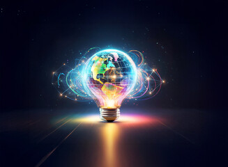 Wall Mural - Vibrant double exposure art featuring a light bulb encapsulating a world map, radiating bright and colorful energy, symbolizing global ideas and technological innovation.