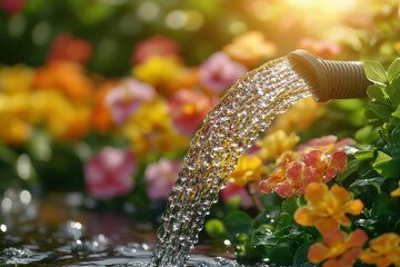 Canvas Print - Soaker Hose: A Soaker Hose Winding Through A Vibrant Garden, Water Droplets Glistening In The Sunlight