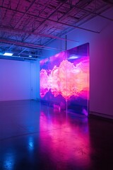 Wall Mural - Large interactive art display reflecting sky and clouds inside a neon-lit room