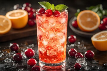 Wall Mural - Refreshing Cranberry Citrus Drink with Ice and Fresh Oranges for Summer Celebration