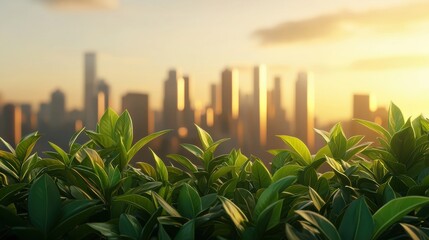 Sticker - Lush greenery contrasting with a city skyline at sunset