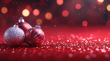 Wall Mural - festive christmas ornaments on a sparkling red background