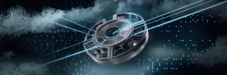 Cyber lock in blue binary code fog with spinning wheels and laser light