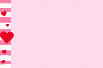Wall Mural - pink white striped bg three red hearts diagonal line different sizes shapes