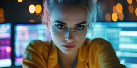 focused young woman with glasses in front of computer screens with data analysis