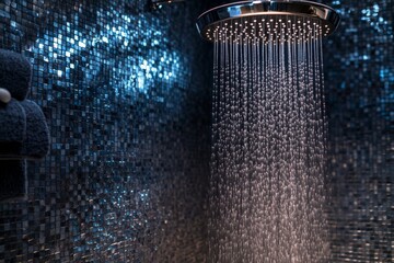 Water cascades from a modern showerhead onto shimmering mosaic tiles in a stylish bathroom