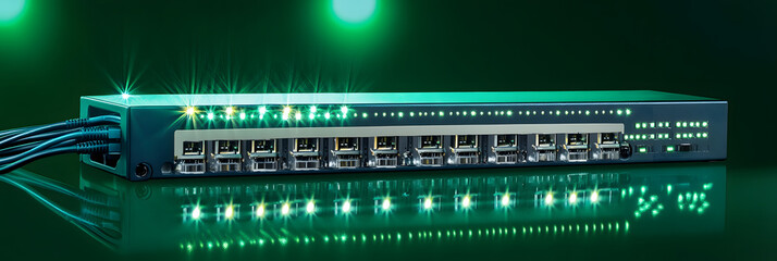 Wall Mural - an overhead image of a network switch with multiple fiber optic cables connected, displaying flashin
