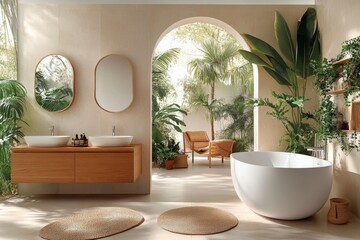 Poster - Modern bathroom design with natural elements and greenery in a serene space