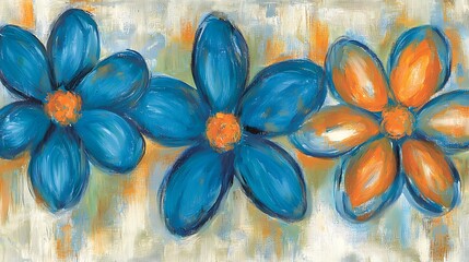 Wall Mural - Blue and Orange Flowers artful floral display. For wall decor, nature-inspired design