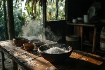 Wall Mural - Rural setting. Steam rising from cooked rice. Rustic table. Jungle background