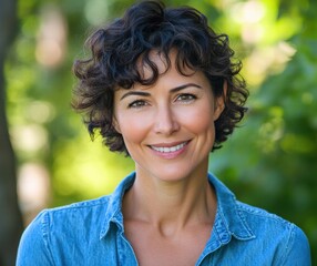 Wall Mural - A woman with short hair and a blue shirt is smiling