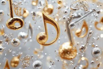 Fototapete - Vibrant musical notes and shimmering bubbles create a lively atmosphere in this dynamic abstract composition