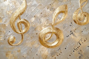 Fototapete - Musical notes in golden hues adorn a textured background of sheet music and subtle patterns