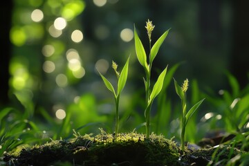 Poster - New green shoots emerge through soft moss in a peaceful forest under soft sunlight