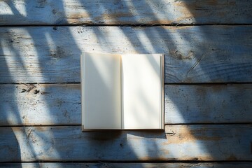 Aufkleber - Open blank notebook on wooden table with sunlight casting shadows in the afternoon