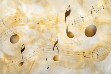 Fototapete - Musical notes and staff create a harmonious design with a warm golden background and flowing patterns that evoke creativity and inspiration