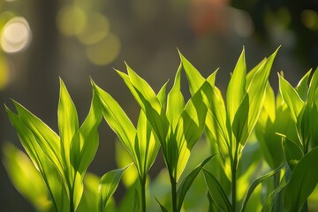 Poster - Close-up of vibrant green foliage backlit by soft, golden sunlight creating a tranquil atmosphere in a garden setting