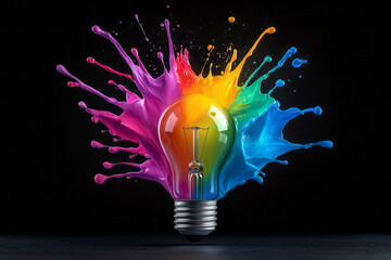 Poster - A glowing light bulb erupting in a splash of vivid paint droplets, each color bursting out like a