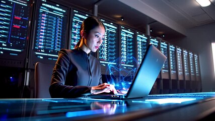 Asian woman working with laptop in data server center - Engineer, IT and technology concept - Model by AI generative