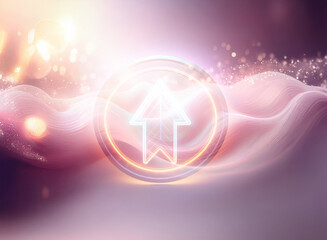 Wall Mural - glowing arrow symbol in a circle with double exposure effect. abstract waves of pink and purple crea
