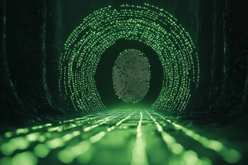 Poster - A crisply defined fingerprint projected in luminescent lines, a swirling circuit board pattern