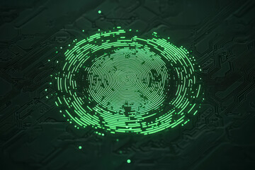 Leinwandbilder - A crisply defined fingerprint projected in luminescent lines, a swirling circuit board pattern
