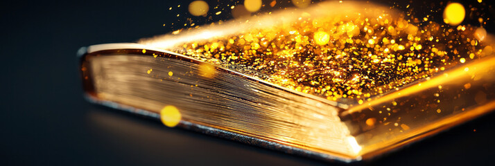 Poster - A close-up of an antique volume, golden embers floating above its illuminated parchment, evoking a
