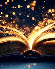 Leinwandbilder - A fairy-tale composition featuring a grand, gilded tome exuding delicate, sparkling lights and