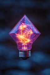 Poster - A digital-styled image where cubes and triangles spin and mesh within a glowing bulb, casting