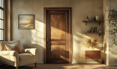 Cozy rustic living room with a warm beige wall and natural textures for a comforting environment