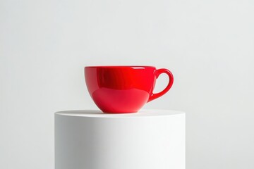 Poster - Bright red ceramic cup displayed on a simple white pedestal in a minimalist setting, perfect for design enthusiasts and coffee lovers
