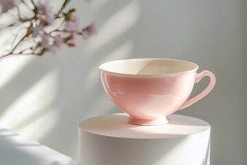 Aufkleber - Pink ceramic cup placed on a pedestal with soft natural light and flower reflections