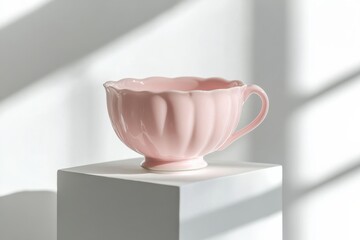 Poster - Elegant pink cup displayed on a white pedestal in bright sunlight with soft shadows creating a serene atmosphere