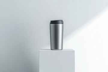 Poster - Sleek stainless steel travel mug displayed on a pedestal under soft natural light in a minimalist setting