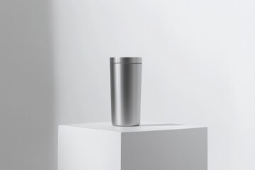 Fototapete - Sleek stainless steel tumbler placed on a minimalist white pedestal in a bright room