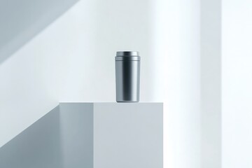 Poster - Stylish metallic travel mug placed on a white pedestal in a modern and minimalistic setting