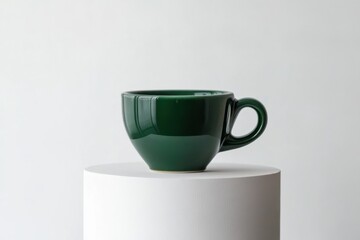 Poster - Green ceramic cup displayed on a white pedestal surrounded by a minimalistic background in soft lighting