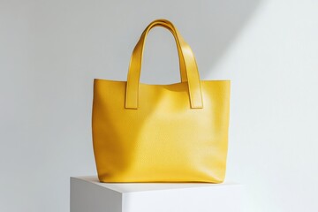 Poster - Bright yellow tote bag displayed on white pedestal in modern setting with soft light illuminating the texture