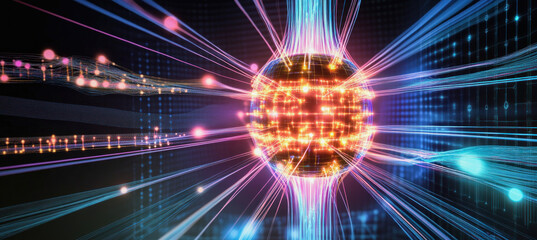 Wall Mural - quantum computing transferring data through fiber optic cables with light trails