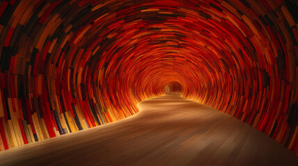 Wall Mural - A surreal tunnel built from intricately arranged book spines, each curve softly aglow to create a