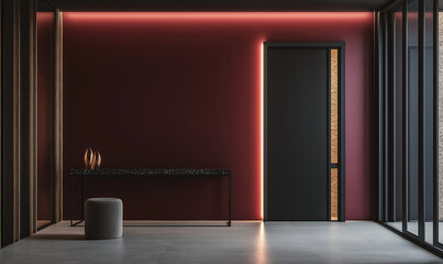 Wall Mural - Sophisticated modern loft with a deep burgundy wall and a stylish, luxurious, and inviting atmosphere.