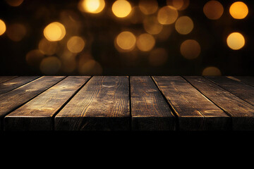 Dark Wooden Tabletop Against a Background of Golden Bokeh Lights  Perfect for Product Displays and Festive Designs