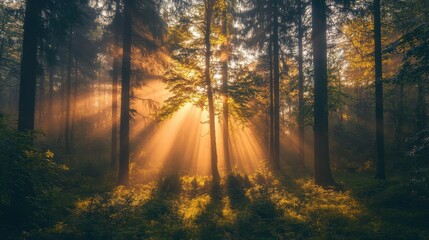 Wall Mural - Misty forest at sunrise with sunlight streaming through trees creating a tranquil and magical atmosphere