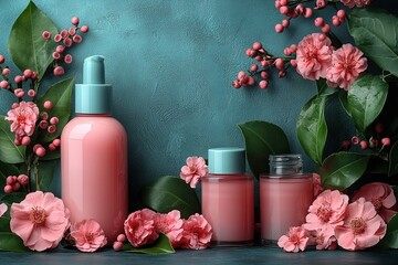 Wall Mural - Elegant display of pink skincare products surrounded by flowers and leaves