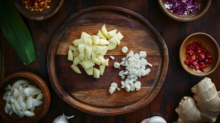 Wall Mural - A wooden board with freshly sliced garlic, ginger, and shallots, commonly used in Southeast Asian dishes like Thai and Indonesian cuisine to create a strong aromatic base for soups and stews.