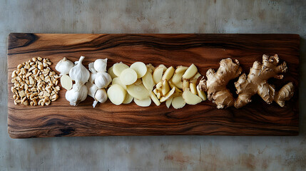 Wall Mural - A wooden board with freshly sliced garlic, ginger, and shallots, commonly used in Southeast Asian dishes like Thai and Indonesian cuisine to create a strong aromatic base for soups and stews.