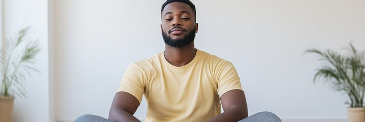 Wall Mural - A man in a yellow shirt is sitting on the floor with his legs crossed. He is in a relaxed and peaceful state of mind